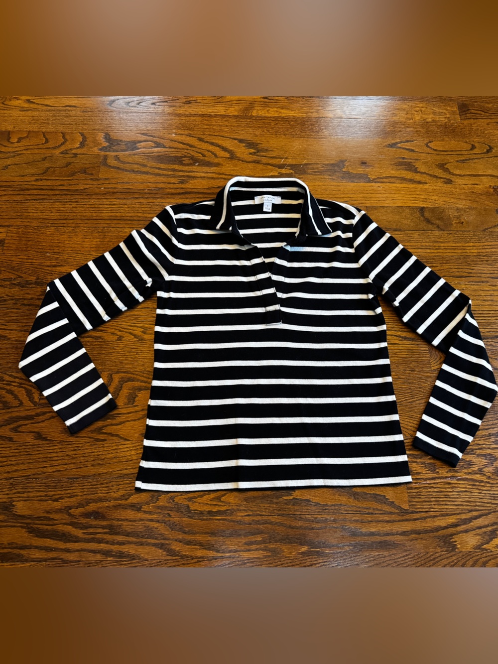 Ann Taylor Weekend Black & White Striped Polo Collared Knit Long Sleeve S